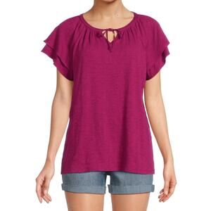 Time and Tru Cotton Flutter Sleeve V-Neck Top Size 3XL Berry Boho Hippie Peasant